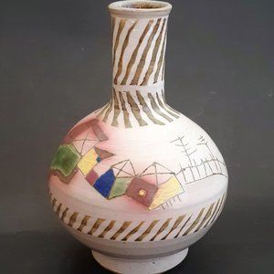 VTG Art Pottery Vase Abstract Hand Painted Pastel Colors Rare Signed